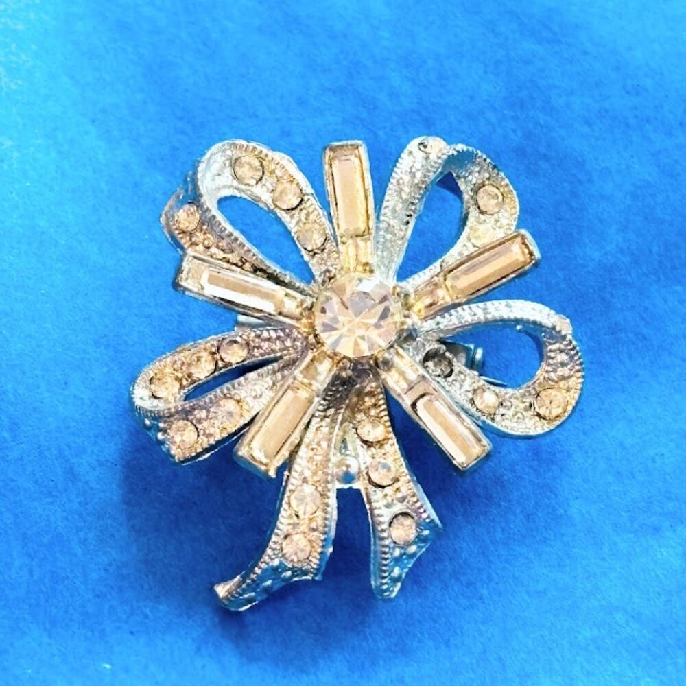 Vintage Signed Criterion Silver Tone Rhinestone Bow Brooch Clear Crystal 1960s